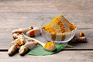 The turmeric powder is a natural herb and is an ingredient for food cooking. The colour of the turmeric powder is yellow when it