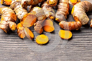 The turmeric powder is a natural herb and is an ingredient for food cooking. The colour of the turmeric powder is yellow when it