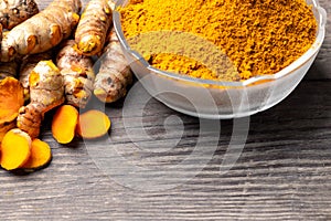 The turmeric powder is a natural herb and is an ingredient for food cooking. The colour of the turmeric powder is yellow when it