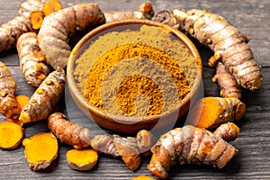 The turmeric powder is a natural herb and is an ingredient for food cooking. The colour of the turmeric powder is yellow when it