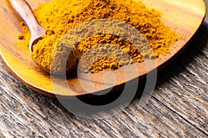 The turmeric powder is a natural herb and is an ingredient for food cooking. The colour of the turmeric powder is yellow when it