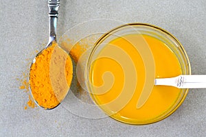 Turmeric powder and paste in a bowl