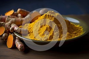 Turmeric powder plate and raw roots. Generate ai