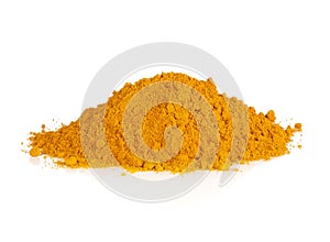 Turmeric powder spice pile isolated on white background