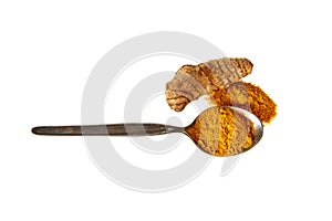 Turmeric powder in spoon and fresh turmeric root isolated on white top view