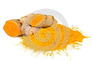 Turmeric powder with turmeric root isolated on white background