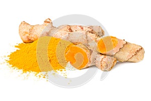 Turmeric powder with turmeric root isolated on white background