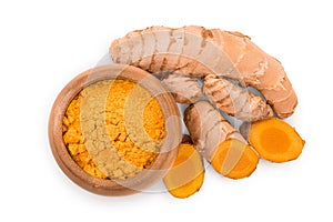 Turmeric powder and turmeric root isolated on white background. Top view. Flat lay