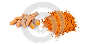 Turmeric powder with turmeric root isolated on white on white background.