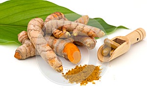 Turmeric powder on white background