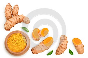Turmeric powder in wooden bowl and turmeric root isolated on white background. Top view with copy space for your text