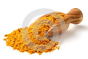 Turmeric powder in the wooden scoop, isolated on white