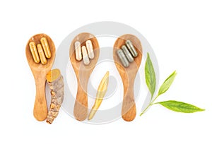 Turmeric rhizome,chinese ginger and andrographis paniculata isolated on white background.top view,flat lay