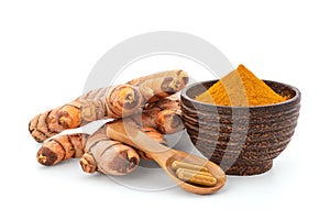 Turmeric rhizome and powder isolated on white background with clipping path