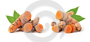 Turmeric rhizomes and leaves isolated on a white background.
