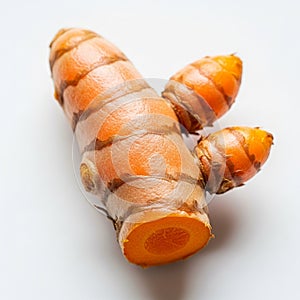 Turmeric root Curcuma longa is displayed on a light background