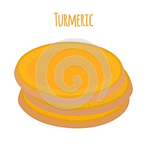 Turmeric root, organic spice, slices. Herbal food. Vector illustration