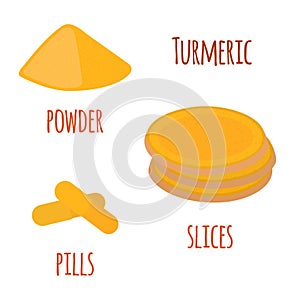Turmeric root, organic spice, slices, powder, pills. Vector illustration