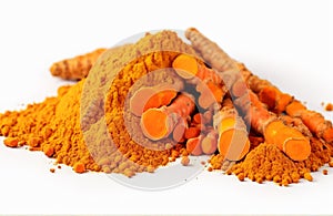 Turmeric root and powder isolated on white background