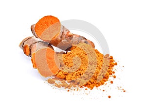 Turmeric root and powder isolated on white background