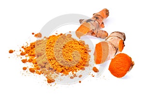 Turmeric root and powder isolated on white background