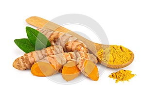 Turmeric root and powder isolated on white background close up