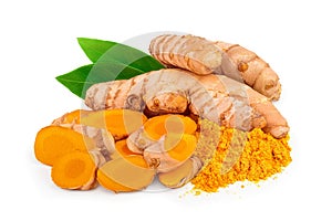 Turmeric root and powder isolated on white background close up