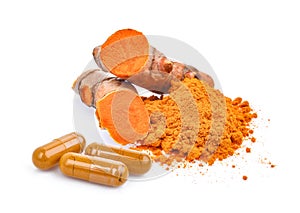 Turmeric root and powder with turmeric capsules