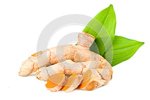 Turmeric root with slices isolated on white background