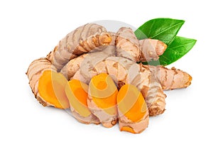 Turmeric root with slices isolated on white background close up