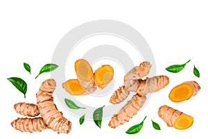 Turmeric root and slices isolated on white background. Top view. Flat lay