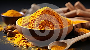 Turmeric root and turmeric powder for alternative medicine ,spa and food. Generative AI