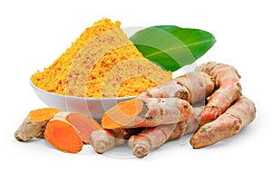 Turmeric root and turmeric powder isolated on white background