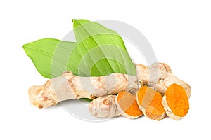 Turmeric root with turmeric slices isolated on white background