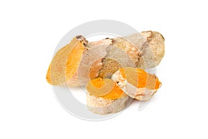 Turmeric root with turmeric slices isolated on white background