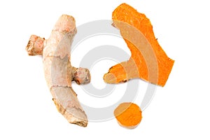 Turmeric root with turmeric slices isolated on white background. Top view