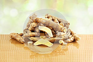 Turmeric root or White Turmeric root on de focused circle background