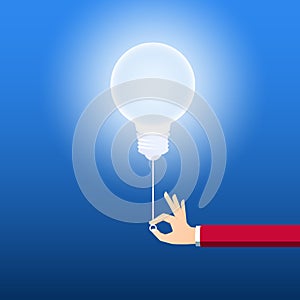 Turn on creative light bulb concept. Businessman pulling light switch to turn on idea. Creative idea concept