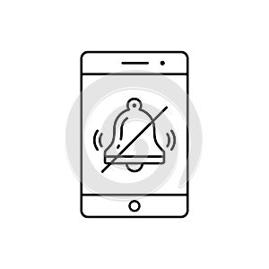 Turn off phone ringer line icon. No bell on smartphone monitor. Soundless mode. Vector outline illustration