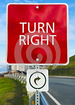 Turn right Sign with Clouds.