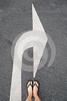 Turn Right Traffic Symbol. Feet and Arrows on Road Background. Woman Black Shoes or Sandals with Black Nail Polish Manicure Standi