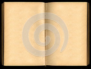 Turn of yellowed pages, old vintage open book isolated on black background