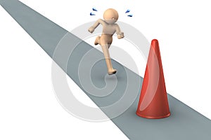 Turnaround point and big cone. A runner who runs while sweating. Hard running.