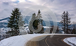 Turnaround on serpentine in winter mountains