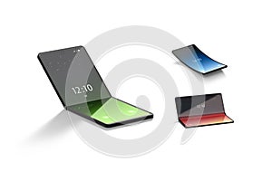 Turned on flexible clamshell phone display mockup, different views