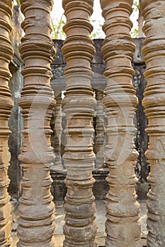 Turned stone bars of a window at the Khmer temple of Angkor Wat