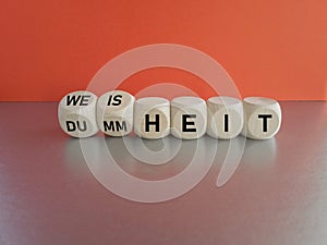 Turned wooden cubes and changes the German word Dummheit to Weisheit