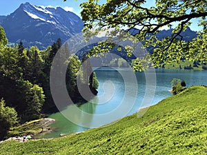 Turner and Diethelm Mountains above the valley Wagital or Waegital and alpine Lake Wagitalersee Waegitalersee, Innerthal