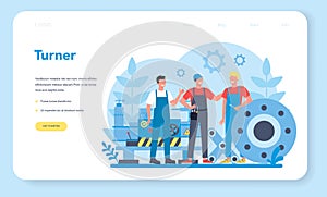 Turner or lathe web banner or landing page. Factory worker using