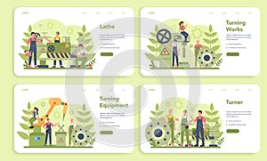 Turner or lathe web banner or landing page set. Factory worker using